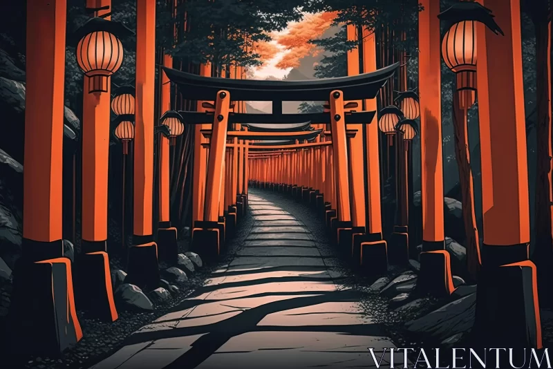 Anime Aesthetic Torii Gate with Lanterns: Optical Illusion Art AI Image