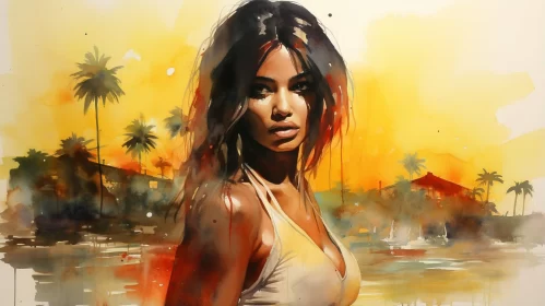 Exotic Beach Portrait: Watercolor Painting of Woman in Yellow Top AI Image