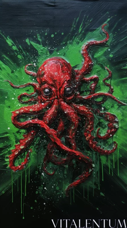 Intricate Octopus Painting in Green Paint: A Sci-Fi Mural AI Image