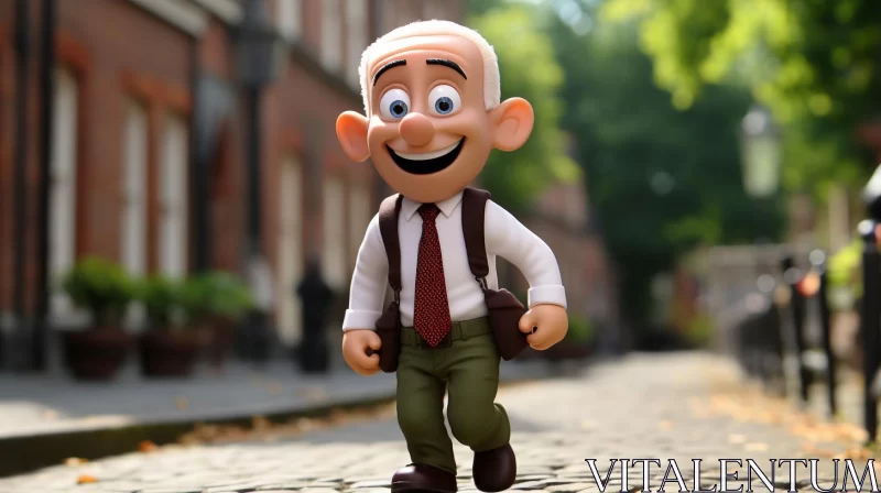 Joyful Animated Character on Cobblestone Street AI Image