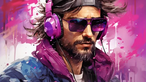 Neo-Geo Styled Portrait of a Man in Headphones and Sunglasses