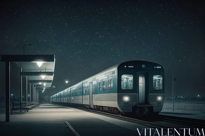 Night Train Arriving at Station under Dark Sky AI Image