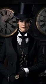 Victorian Style Woman Posing Near Clocks AI Image