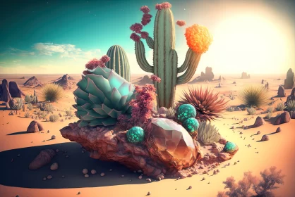 3D Crystal Cacti: A Surrealistic Desert Landscape