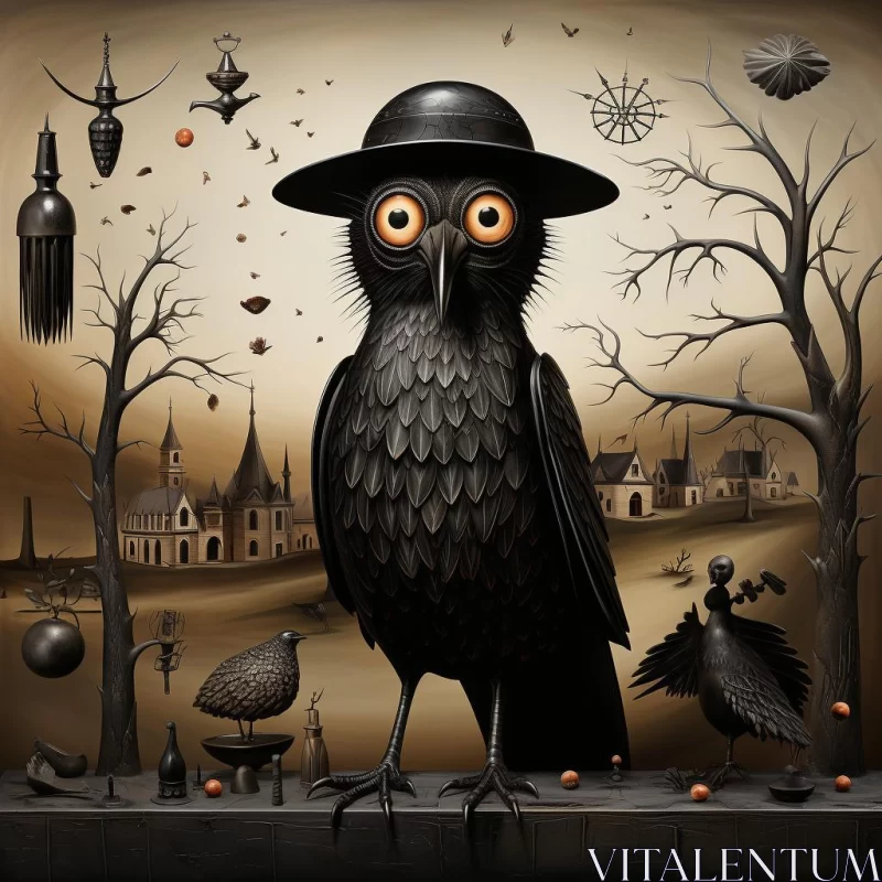 Pop-Surrealism Crow in Hat: A Suburban Gothic Masterpiece AI Image