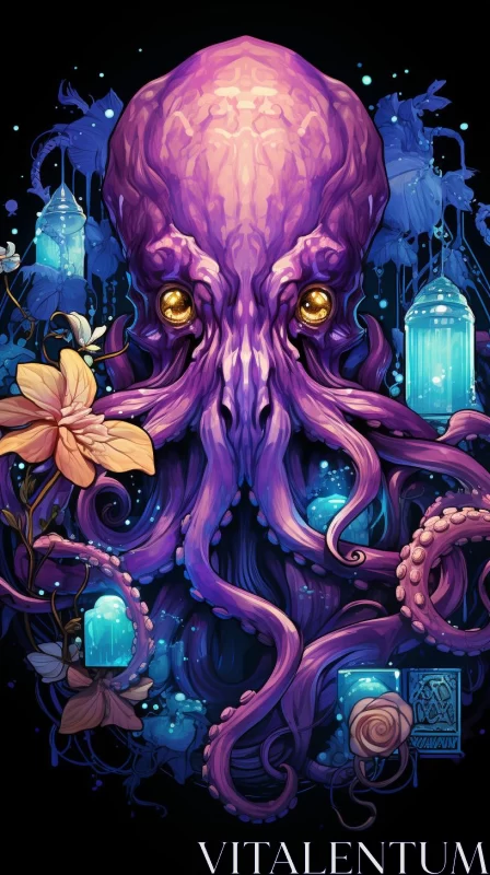 Purple Octopus and Flowers: A Science Fiction Illustration AI Image