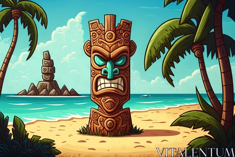 Cartoon Tiki Totem on Tropical Beach Landscape AI Image
