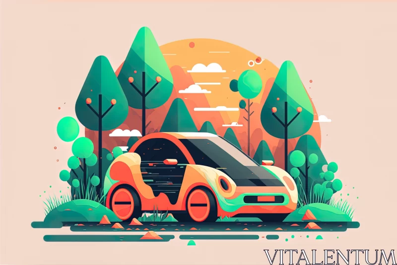 Electric Car Adventure Through Woods - Playful and Colorful Illustration AI Image