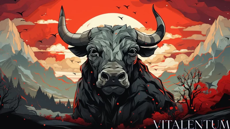 Gothic-Inspired Muscular Bull Against Dark Red Sky AI Image