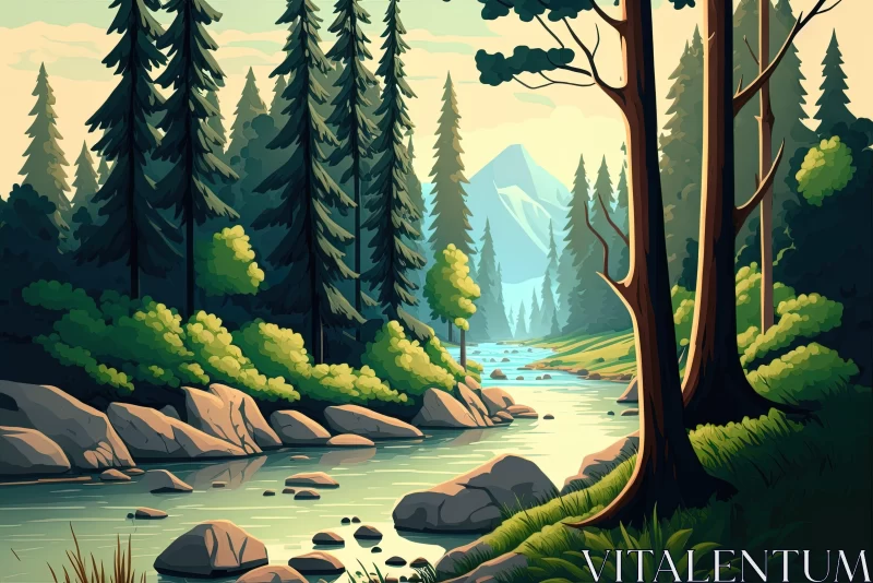 Serene Woodland Scene Painting with River in Cartoon Style AI Image