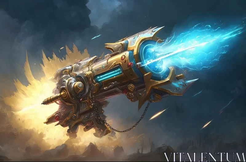 Steampunk-Inspired Blue Weapon Art in Golden Age Style AI Image