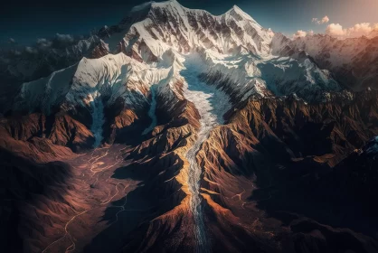 Aerial View of Mountain Landscape in Himalayan Art Style