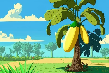 Cartoon Banana Plant Amidst Green Forest in Game Art Style