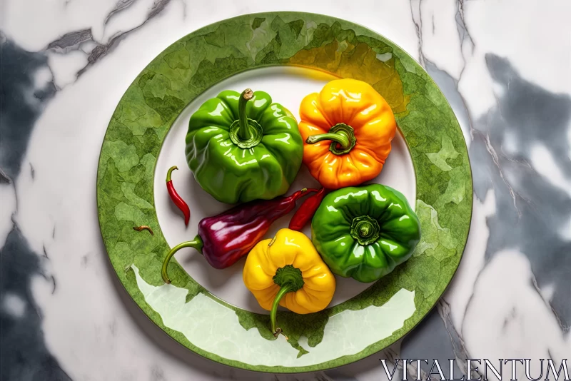 Colorful Pepper Arrangement on Marble - Baroque Inspired Still Life AI Image
