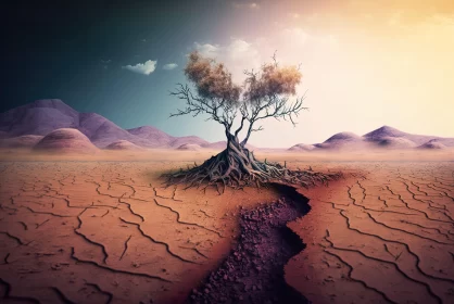 Surrealistic Lone Tree in Desert Landscape - Environmental Activism Art