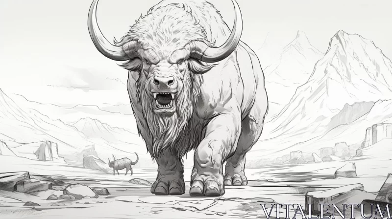White Bison Approaching Mountains: A Monochrome Comic Art Character Illustration AI Image