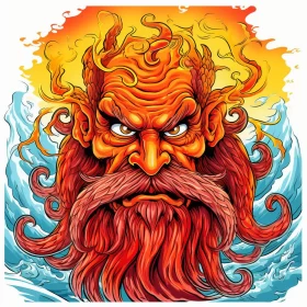 Bearded Monster with Fiery Head in Stormy Seascape AI Image