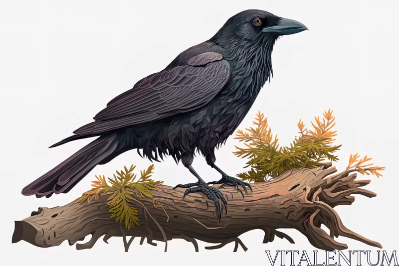 Black Crow on Tree Branch: Detailed Realistic Illustration AI Image