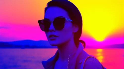 Elegant Woman in Sunglasses Against Neon Sunset AI Image