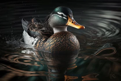 Mallard Duck Floating in Dark Water - Realistic Portraiture