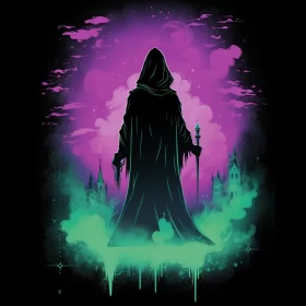 Mysterious Hooded Figure with Sceptre on Purple Cloud AI Image