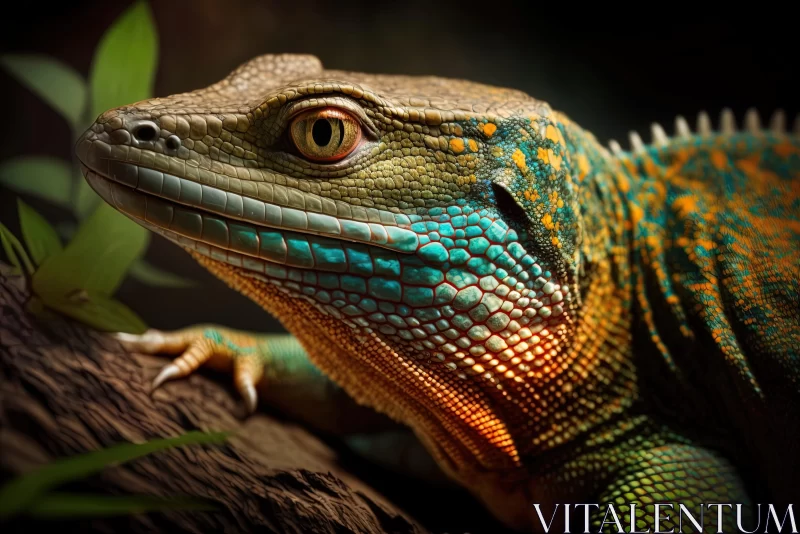 Photorealistic Portraiture of Tropical Lizard on Tree Branch AI Image