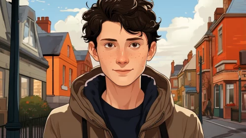 Boy in Old Town: Realistic Portrait and Vibrant Illustrations