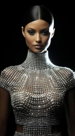 Crystal Fashion: A Model in Glass Outfit with Metallic Finish
