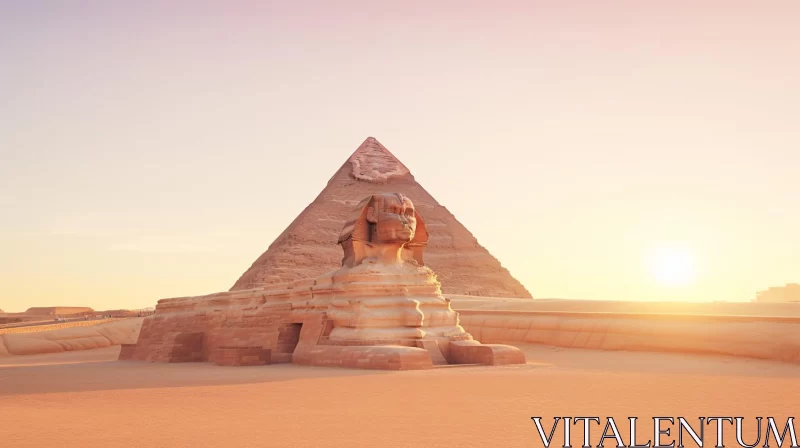AI ART Sphinx and Pyramid in the Desert at Sunset
