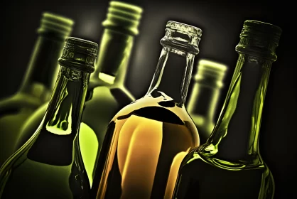 Still Life: Wine Bottles in Light Green and Dark Amber AI Image