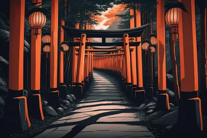 Anime Aesthetic Torii Gate with Lanterns: Optical Illusion Art