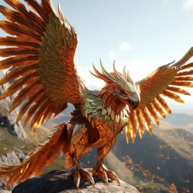 Golden Phoenix atop Mountain: A Mesmerizing Unreal Engine Masterpiece AI Image