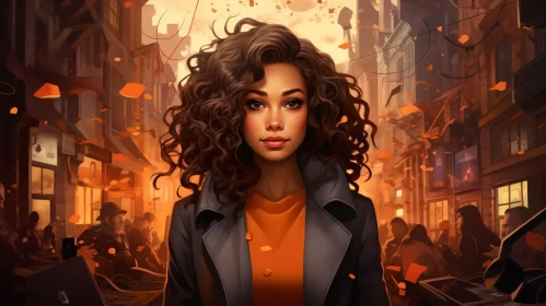 Illustration of Curly Hair Girl in City Setting AI Image