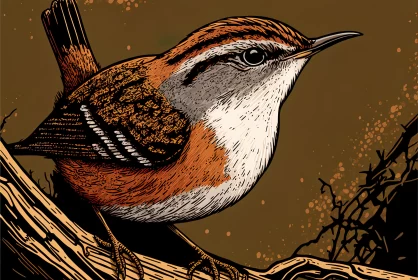 Red Rumped Wren in Neo-Pop Style - Close Up Wildlife Illustration