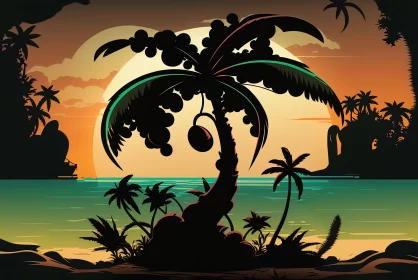 Tropical Island Adventure: Amber and Cyan Sunset AI Image