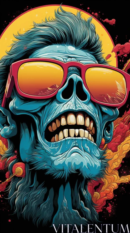 AI ART Vibrant Blue Skull with Sunglasses - Zombiecore Aesthetic