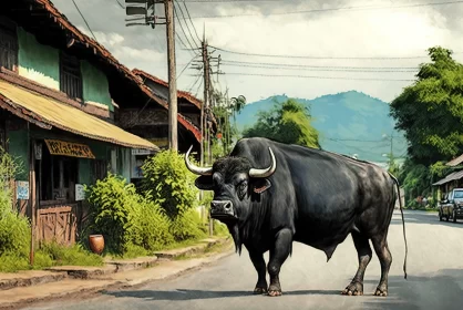 Black Bull on Street - A Fusion of Wildlife and Art