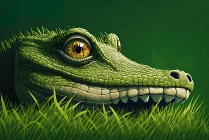 Charming Alligator Illustration in Grass with Yellow Eyes