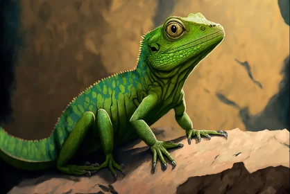Green Lizard on Rock: A Study in Digital Precisionist Art AI Image
