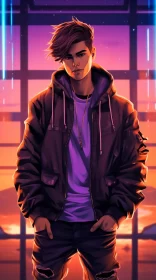 Hip Hop Aesthetics in Isometric Style with Purple Haired Individual
