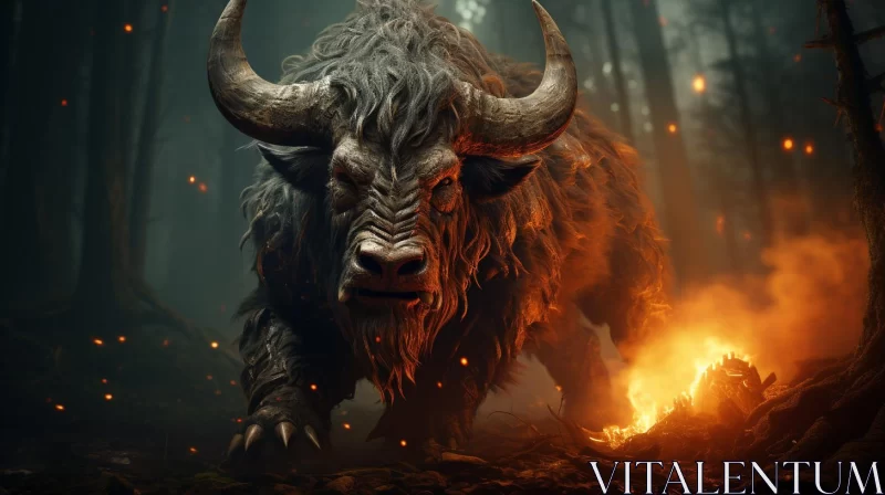 Intense Imagery of Bull Amidst Forest Fire AI Image