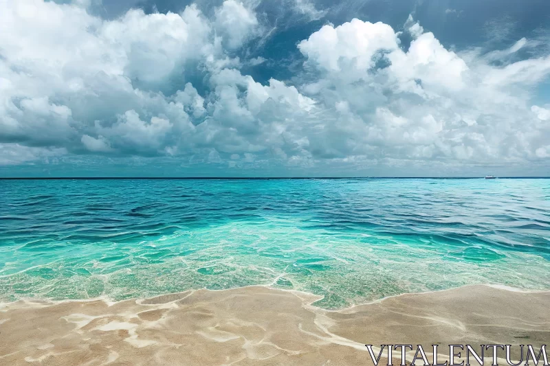 Serene Beach Scene with Turquoise Waters and Cloudy Skies AI Image