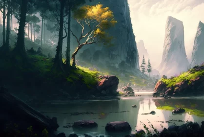 Zen-Inspired Landscape Painting with Mountains and River