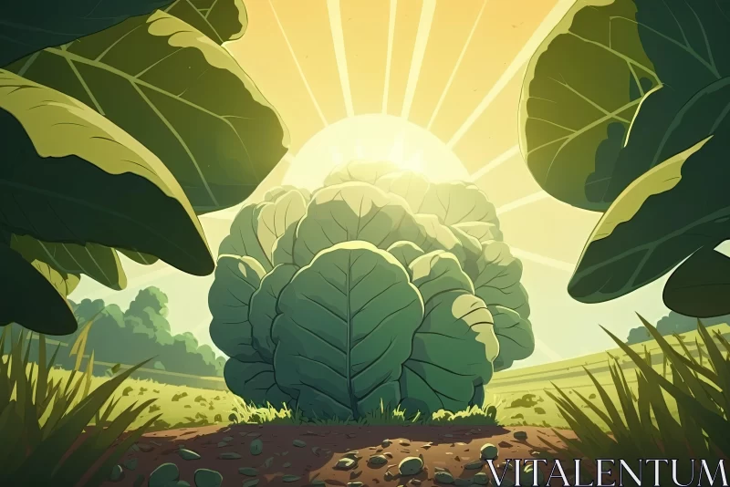 Sunlit Cabbage Field Cartoon Illustration AI Image