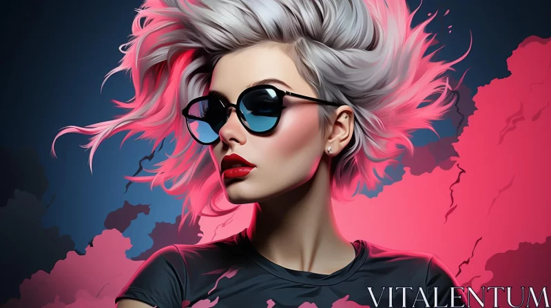 Fashionable Woman in Sunglasses Amidst Pink Clouds AI Image