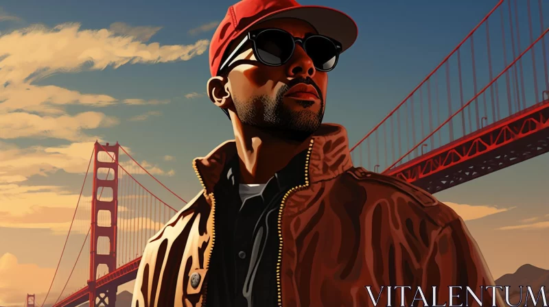 Man in Sunglasses by Golden Gate Bridge - 2D Game Style Art AI Image