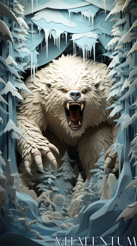 Paper Cut Polar Bear in Forest: Grotesque Totems and Unreal Engine Style AI Image