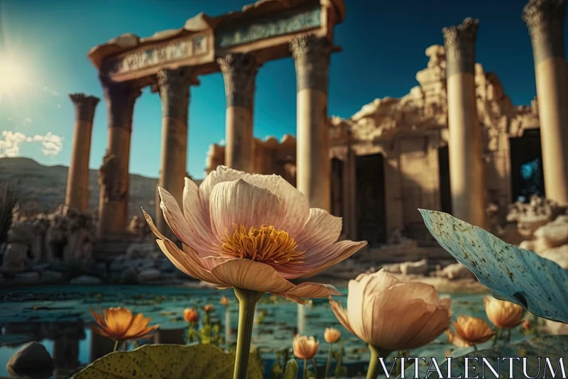 Peony Flowers Amidst Ancient Ruins: A Blend of Nature and History AI Image