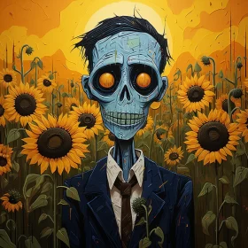 Skeletal Figure Amid Sunflowers in Lowbrow Style AI Image
