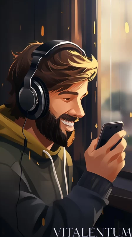 Bearded Man with Headphones: A Connection with Music AI Image